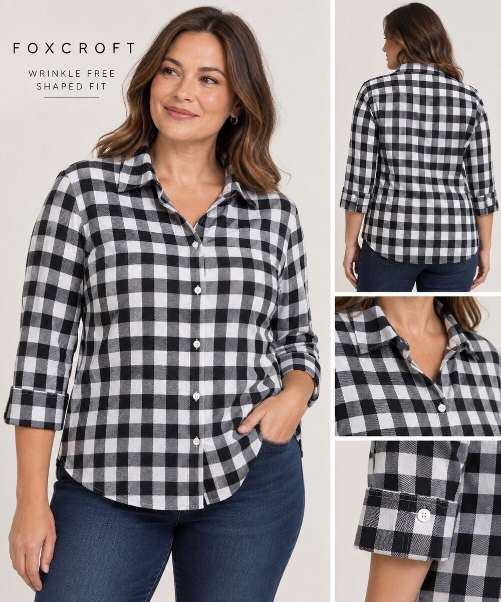 Foxcroft Women’s Size 12 Wrinkle Free Shirt Black White Buffalo Plaid Button Up